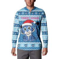 Personalized Blue Tiger Christmas Button Sweatshirt Kawaii Derpy Tiger Santa Mode - Wonder Print Shop