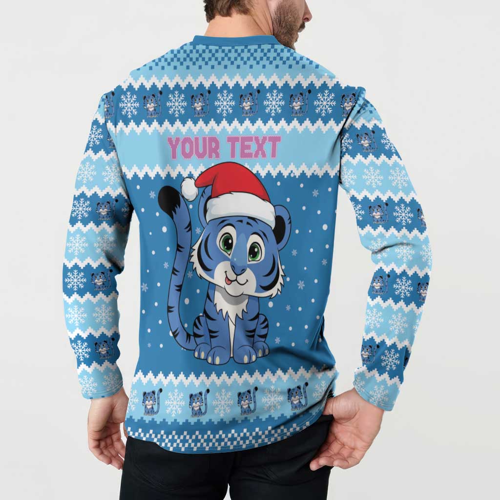 Personalized Blue Tiger Christmas Button Sweatshirt Kawaii Derpy Tiger Santa Mode - Wonder Print Shop