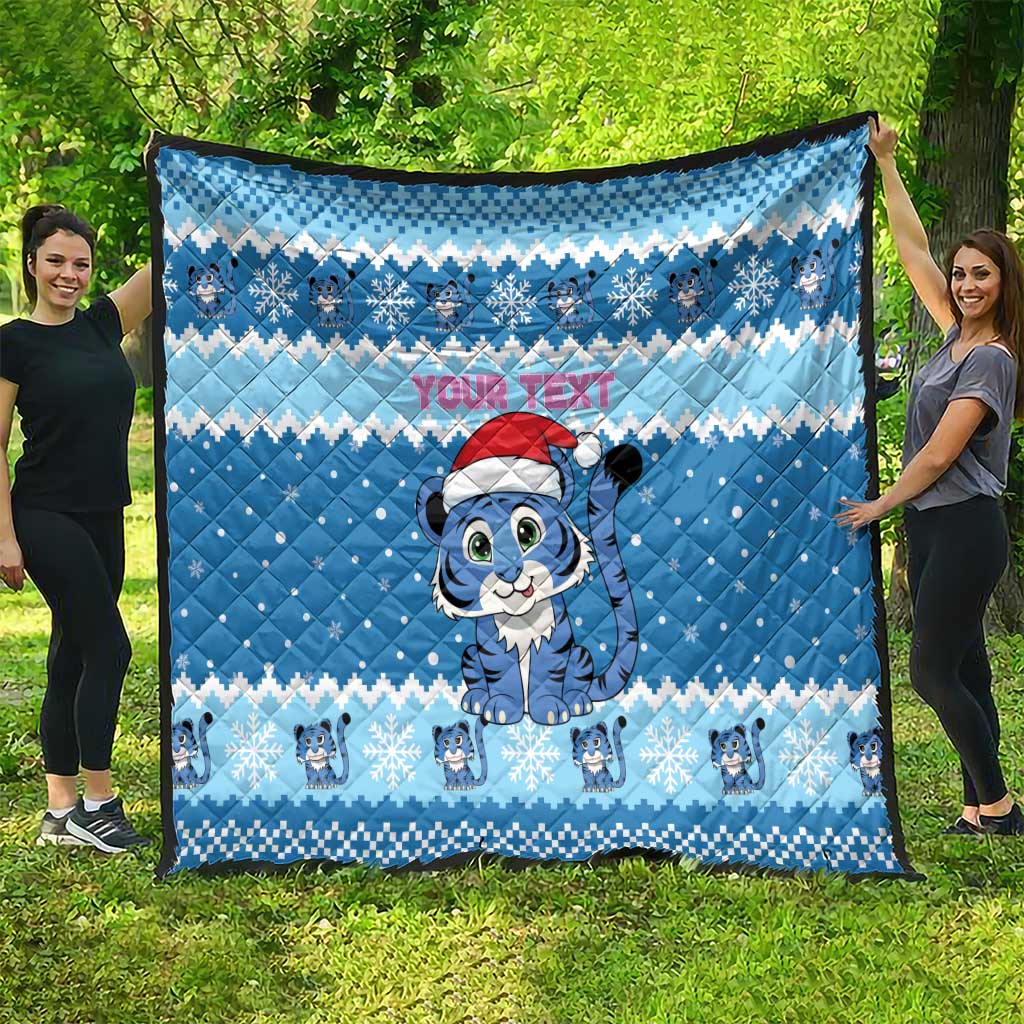 Personalized Blue Tiger Christmas Quilt Kawaii Derpy Tiger Santa Mode - Wonder Print Shop