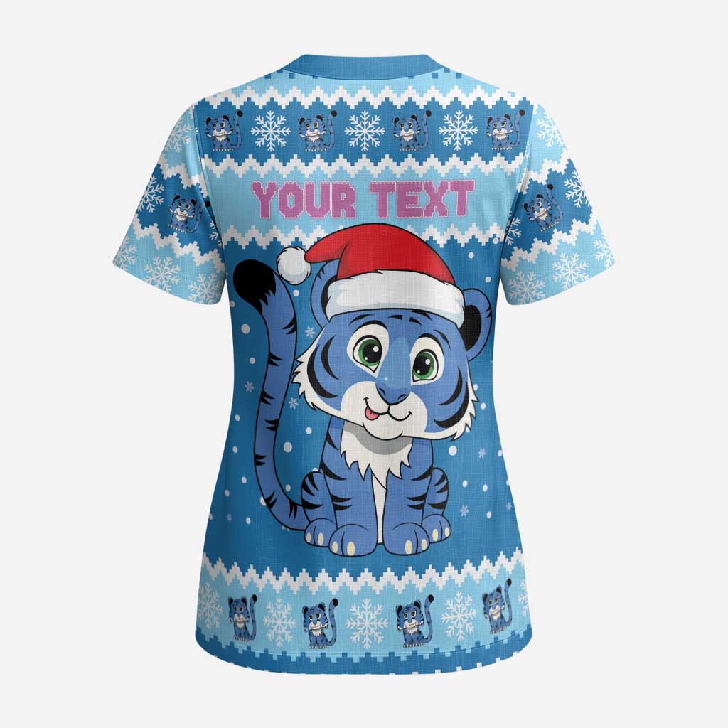 Personalized Blue Tiger Christmas Scrub Top Kawaii Derpy Tiger Santa Mode - Wonder Print Shop