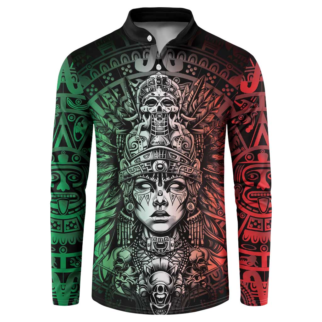 Mexico Aztec Warrior Goddess Button Sweatshirt Aztec Skull Tribal Calender Tricolor Spirit - Wonder Print Shop