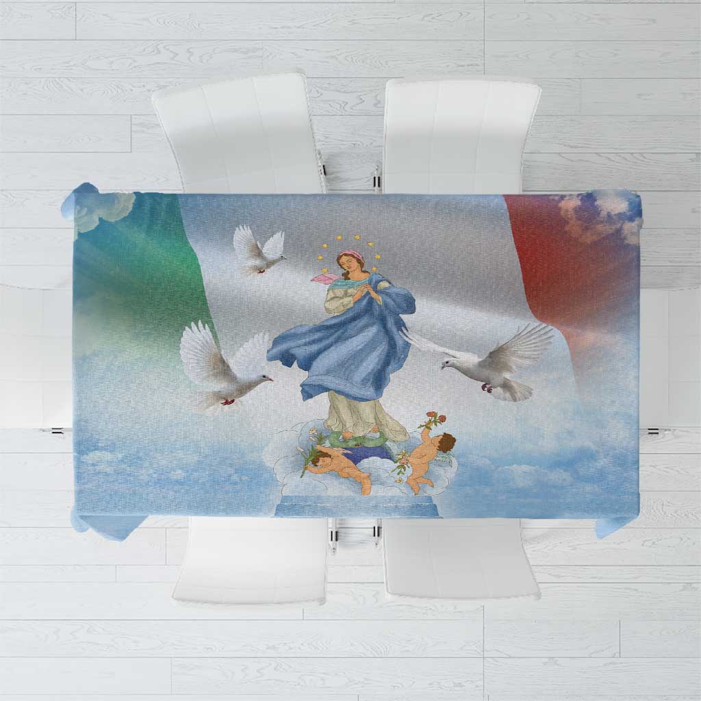 Blue devotional tablecloth with Mary, angels, and dove motif, folded flat