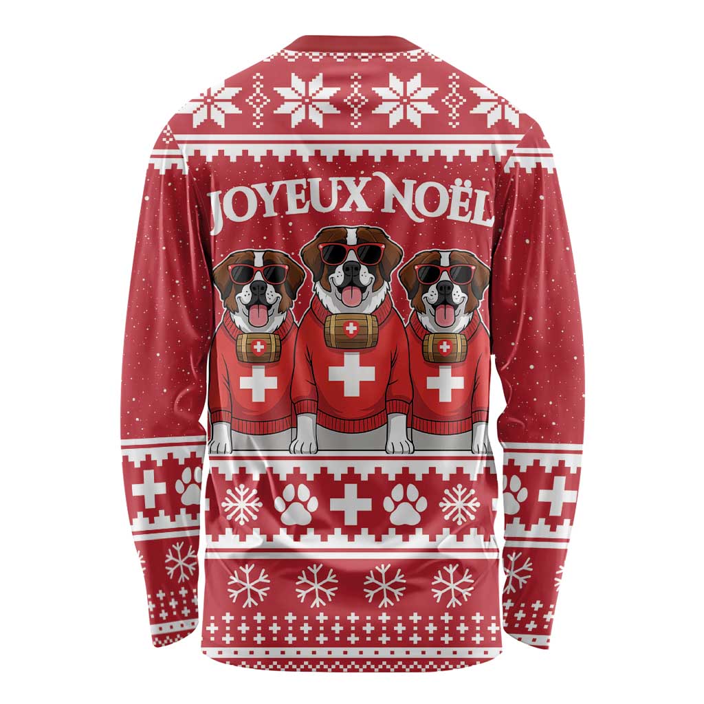 Unisex red Christmas dog long-sleeve shirt, three dog graphic and snowy icons