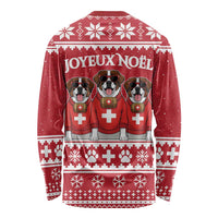Unisex red Christmas dog long-sleeve shirt, three dog graphic and snowy icons