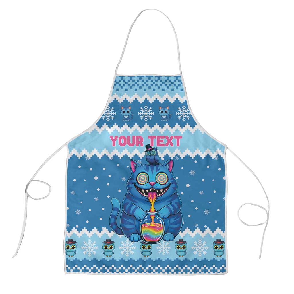 Personalized Trippy Catmas Apron Cute Blue Derpy Cat and Owl Companion - Wonder Print Shop