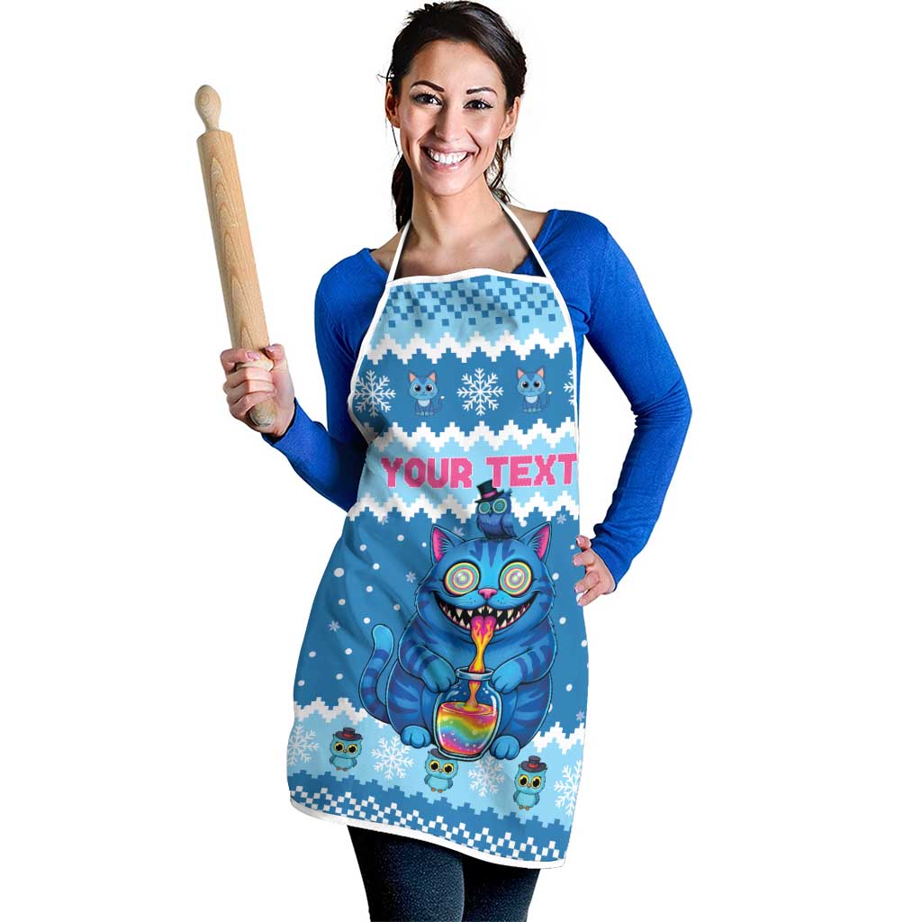 Personalized Trippy Catmas Apron Cute Blue Derpy Cat and Owl Companion - Wonder Print Shop