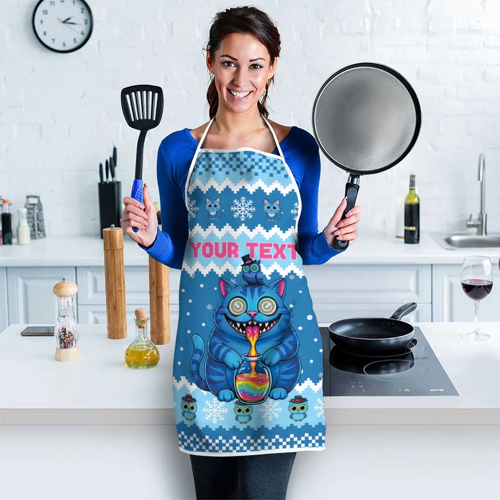 Personalized Trippy Catmas Apron Cute Blue Derpy Cat and Owl Companion - Wonder Print Shop