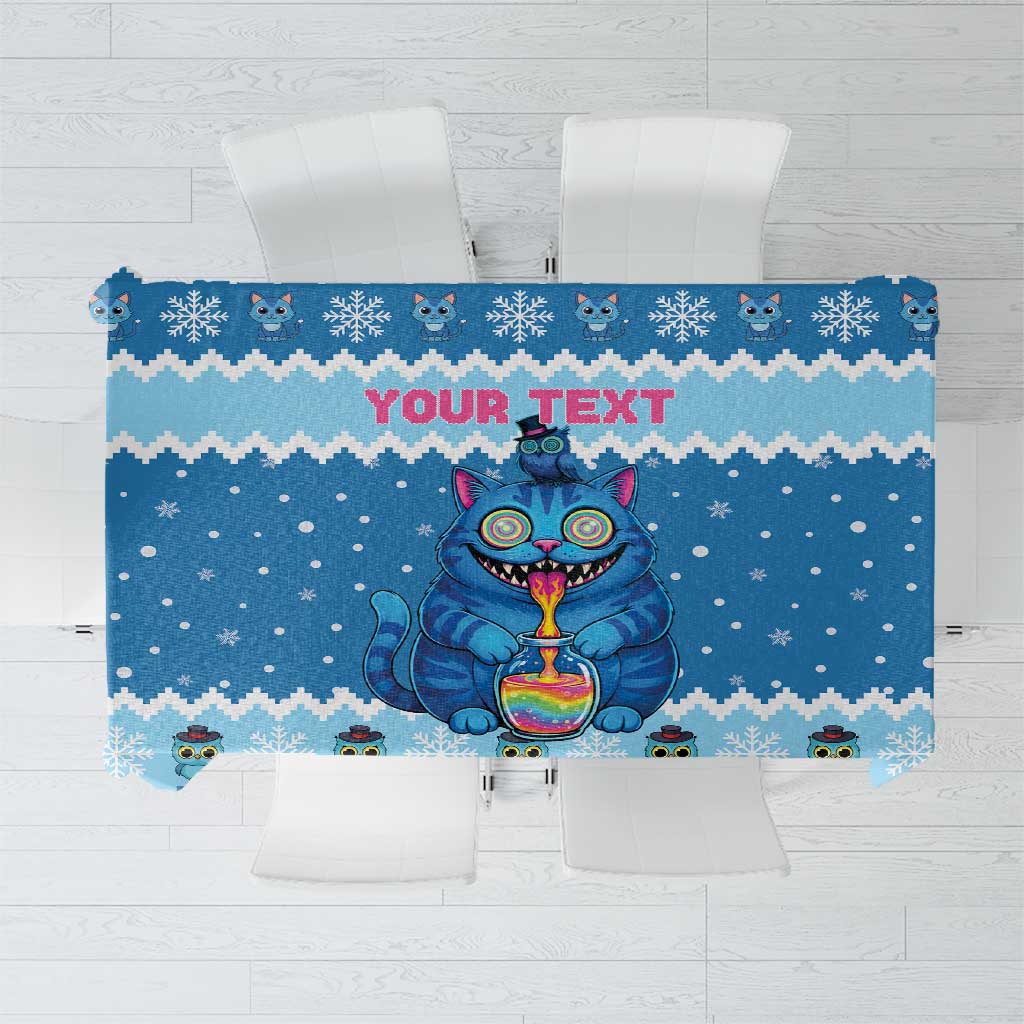 Personalized Trippy Catmas Tablecloth Cute Blue Derpy Cat and Owl Companion - Wonder Print Shop