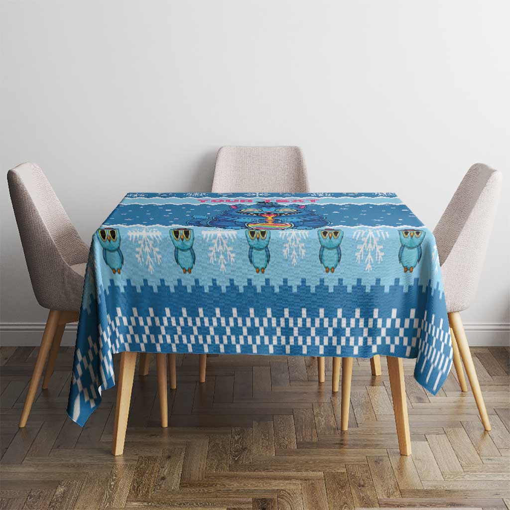 Personalized Trippy Catmas Tablecloth Cute Blue Derpy Cat and Owl Companion - Wonder Print Shop