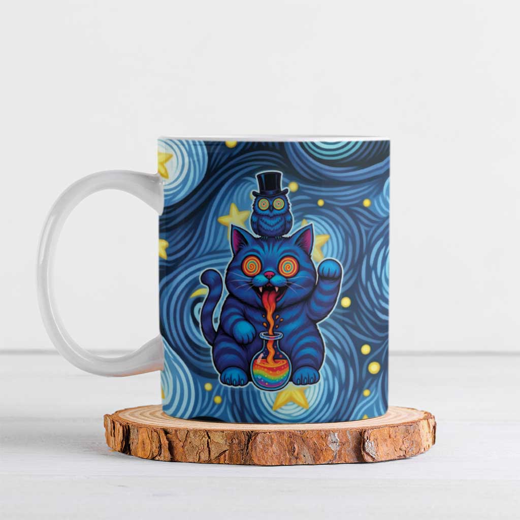 Trippy Cat and Owl Ceramic Mug Starry Psychedelic Vibes - Wonder Print Shop