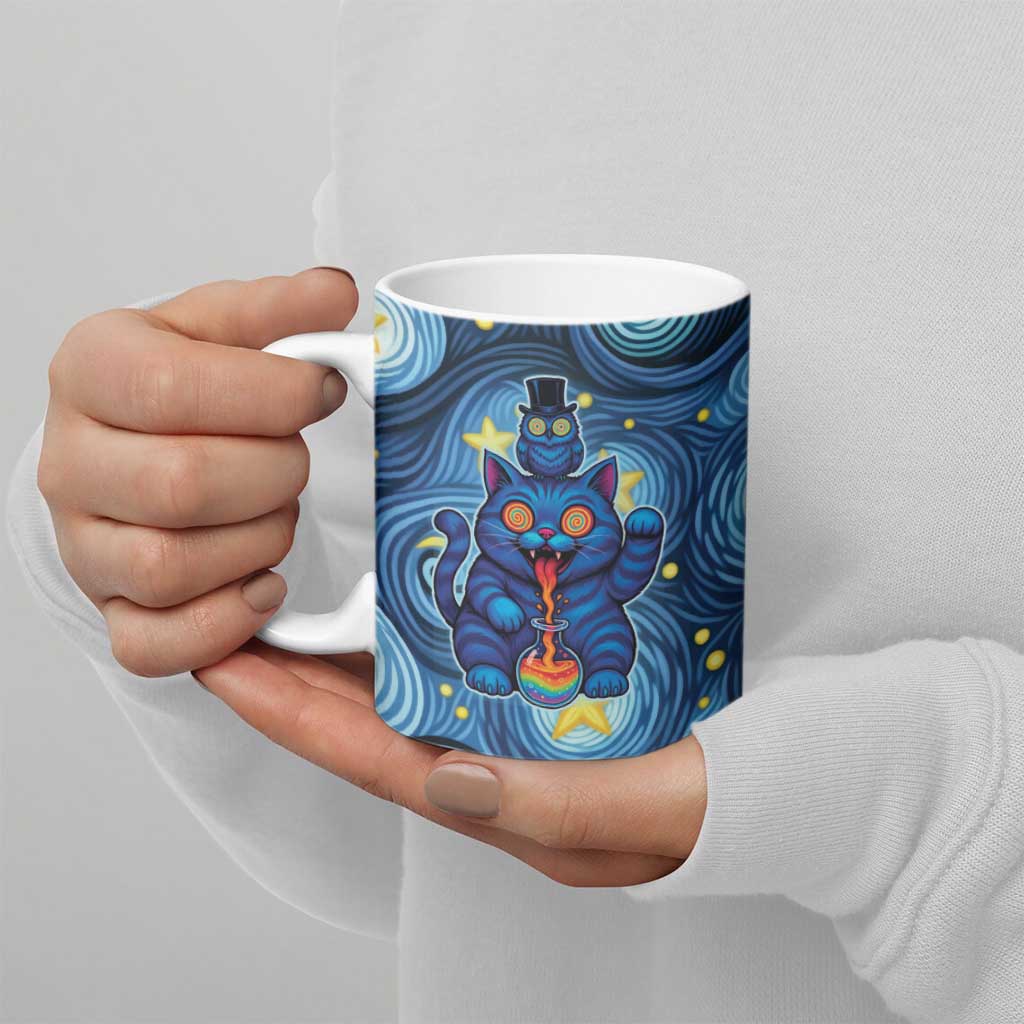 Trippy Cat and Owl Ceramic Mug Starry Psychedelic Vibes - Wonder Print Shop