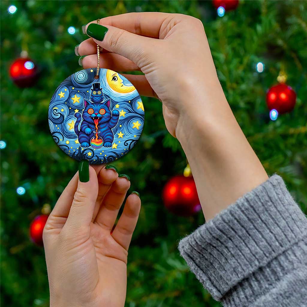 Trippy Cat and Owl Ceramic Ornament Starry Psychedelic Vibes - Wonder Print Shop