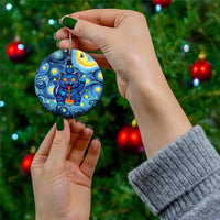 Trippy Cat and Owl Ceramic Ornament Starry Psychedelic Vibes - Wonder Print Shop