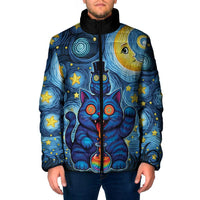 Trippy Cat and Owl Padded Jacket Starry Psychedelic Vibes - Wonder Print Shop