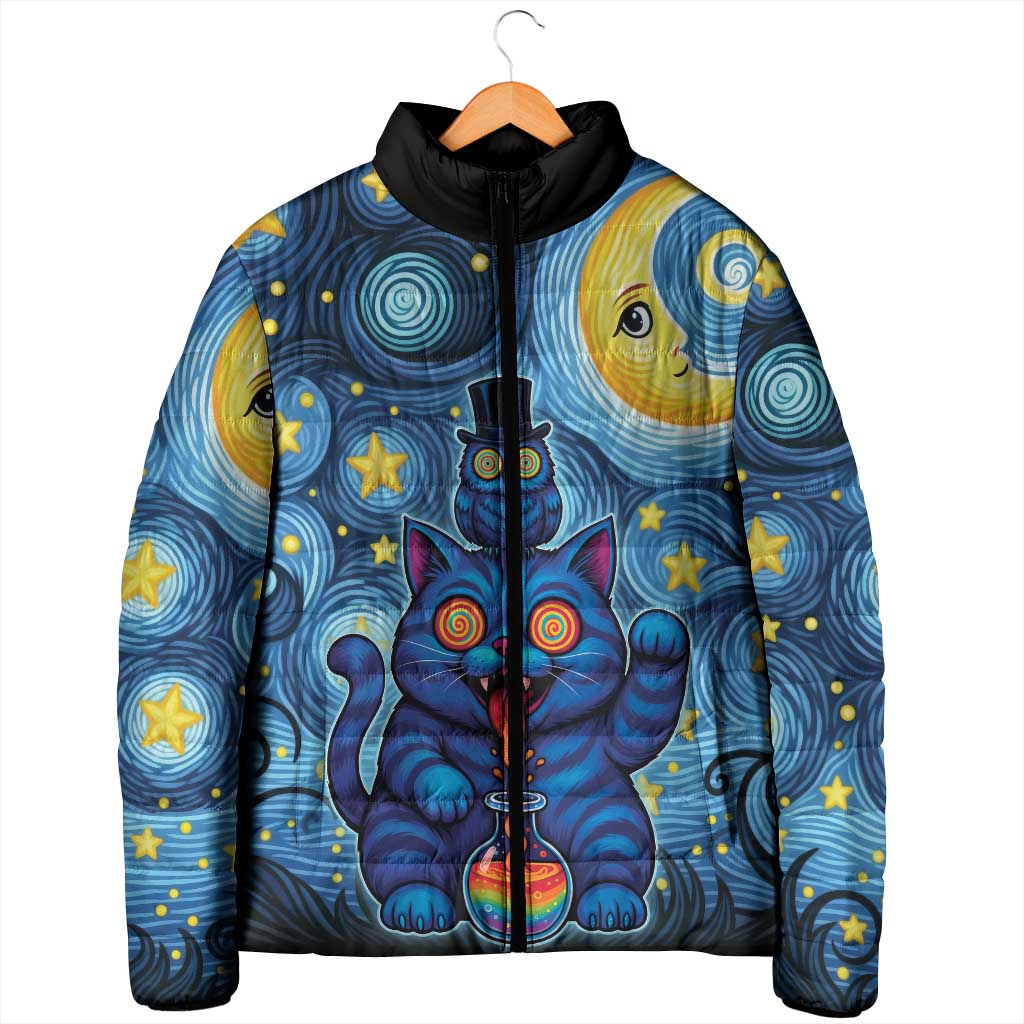 Trippy Cat and Owl Padded Jacket Starry Psychedelic Vibes - Wonder Print Shop