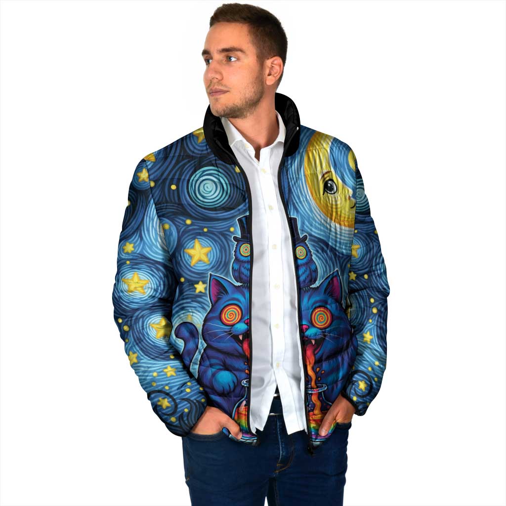 Trippy Cat and Owl Padded Jacket Starry Psychedelic Vibes - Wonder Print Shop