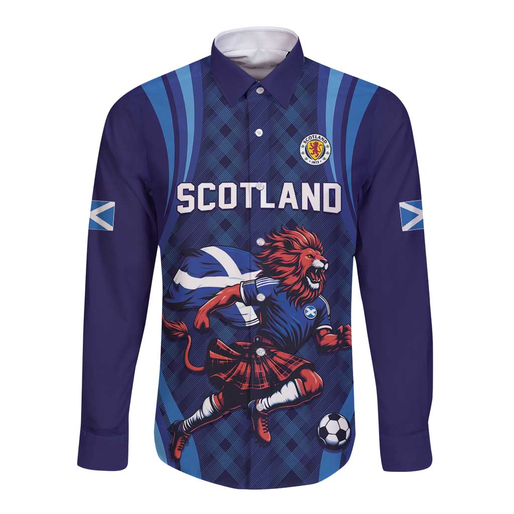 Custom World Football 2026 Scotland Long Sleeve Button Shirt Lion Mascot Go Scottish