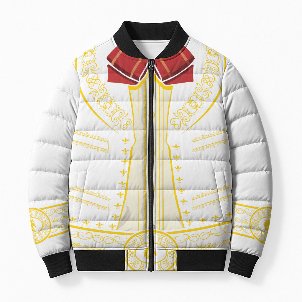 Mexican Mariachi Charro Suit Bomber Puffer Jacket Dia de los Muertos Mexico Fiesta - White