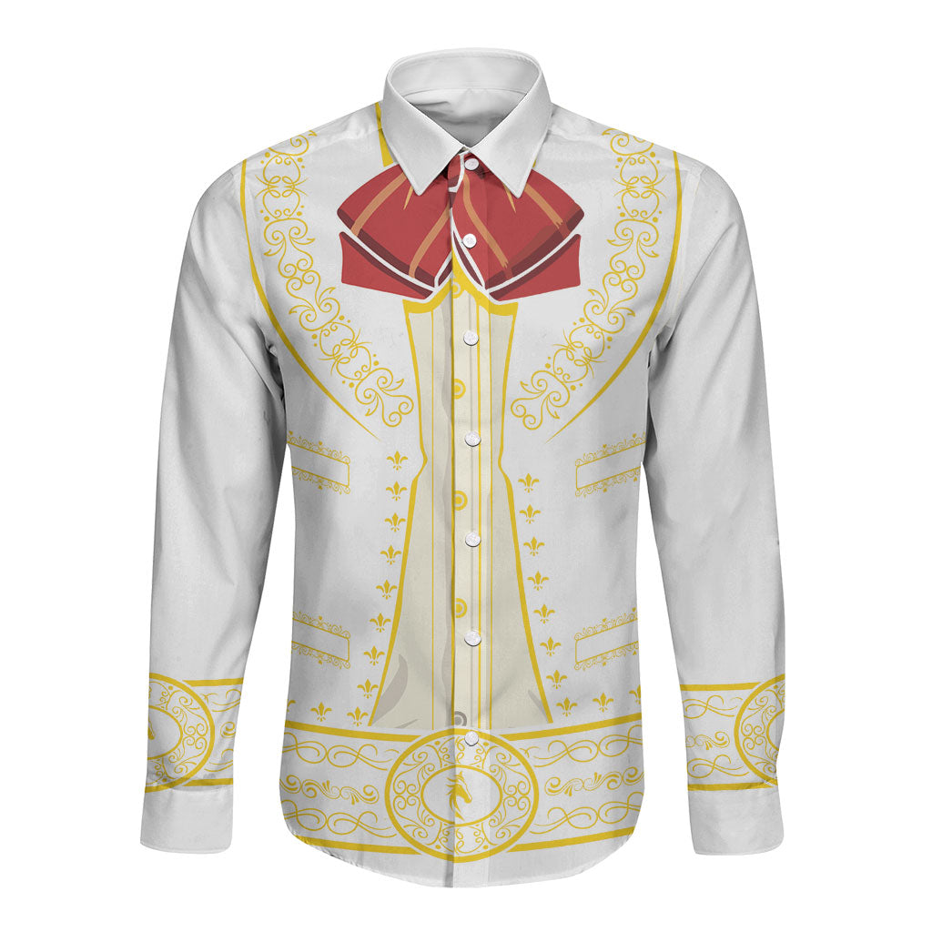 Mexican Mariachi Charro Suit Long Sleeve Button Shirt Dia de los Muertos Mexico Fiesta - White
