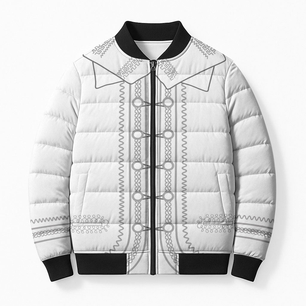 Mexican Mariachi Charro Suit Bomber Puffer Jacket Viva Mexico Dia de los Muertos  - White