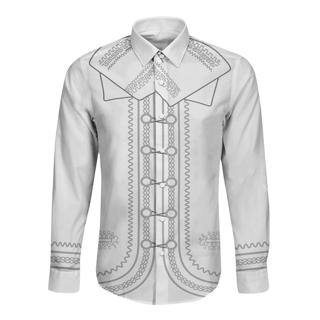Mexican Mariachi Charro Suit Long Sleeve Button Shirt Viva Mexico Dia de los Muertos  - White