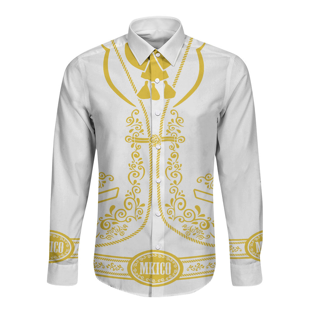 Mexican Mariachi Charro Suit Long Sleeve Button Shirt Dia de los Muertos Mexico Festival  - White