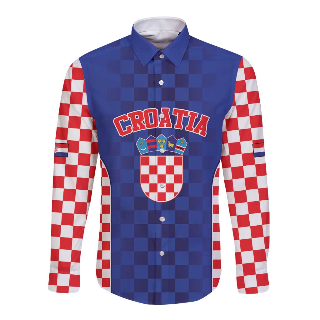 Custom Croatia National Heritage Long Sleeve Button Shirt Blue Checkered Croatian Pride - Wonder Print Shop