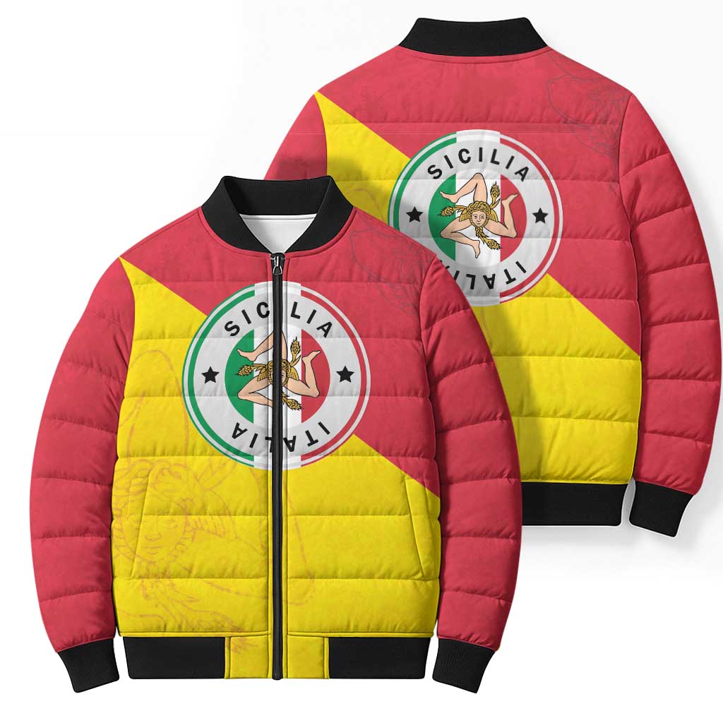 Italy Sicilia Bomber Puffer Jacket Triskeles With Lemons - Wonder Print Shop