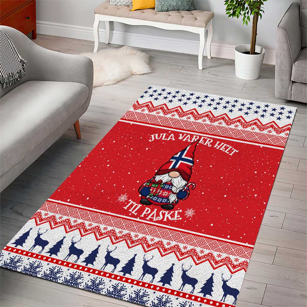 Red area rug featuring gnome and Norwegian text with zigzag trim and blue horse silhouettes