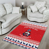 Red Christmas area rug with gnome artwork, Norwegian text, zigzag edge, blue animal border