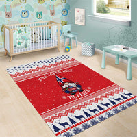 Red Nordic Christmas area rug with gnome, Norwegian text, zigzag trim and blue horse silhouettes