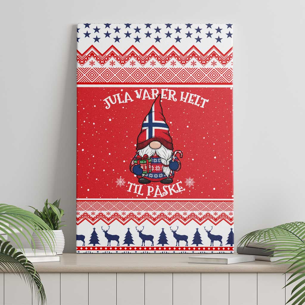 Red Nordic gnome Christmas canvas wall art leaning with stars and reindeer silhouette border
