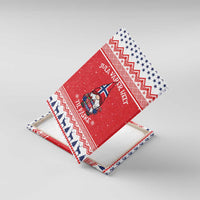 Red Nordic gnome Christmas canvas wall art angled view, showing corner pattern and text