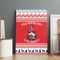 Red Nordic gnome Christmas canvas wall art standing with stars, text, and reindeer strip