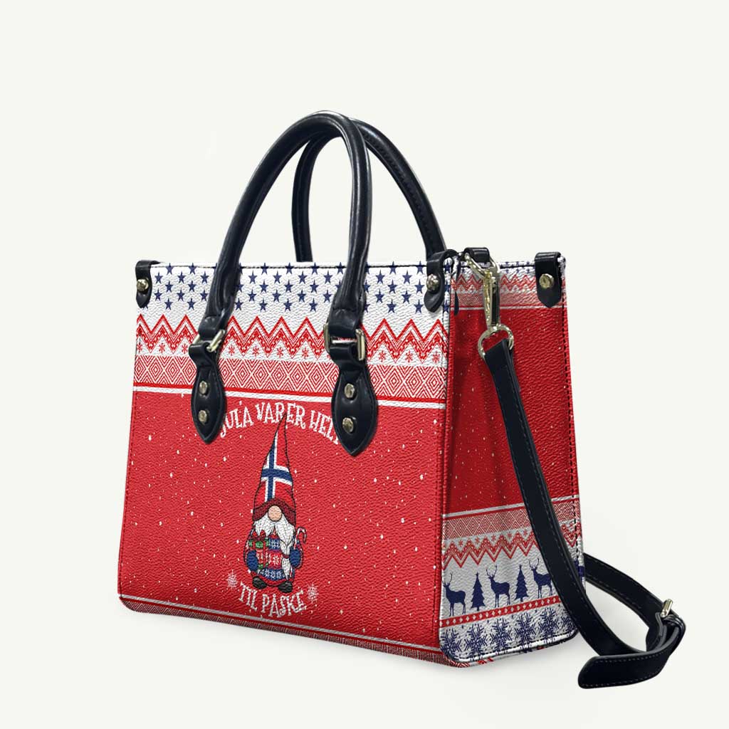Red tote bag with black handles and removable crossbody strap, gnome front print