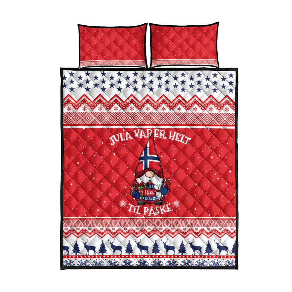Red Christmas quilt bed set with gnome center art, star top, snowy tree border, two pillowcases