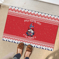 Red Christmas rubber doormat with gnome design; steps view and blue trim border