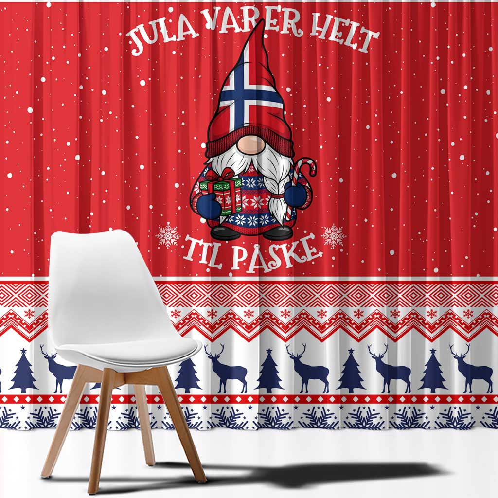 Red Christmas window curtain featuring gnome illustration, blue trees border, and starred top