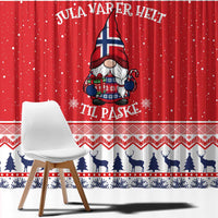 Red Christmas window curtain featuring gnome illustration, blue trees border, and starred top