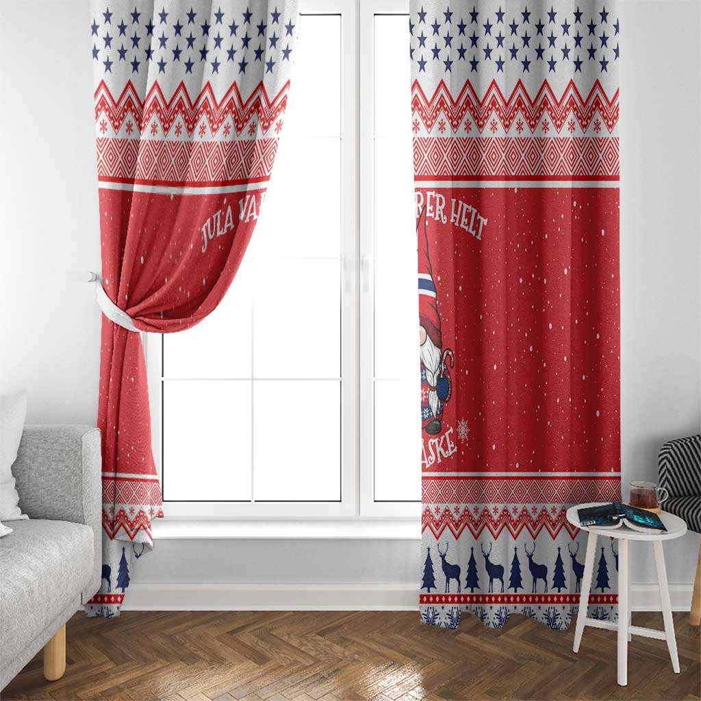 Red Christmas window curtain pair with gathered tie at top and Nordic hem with blue silhouettes