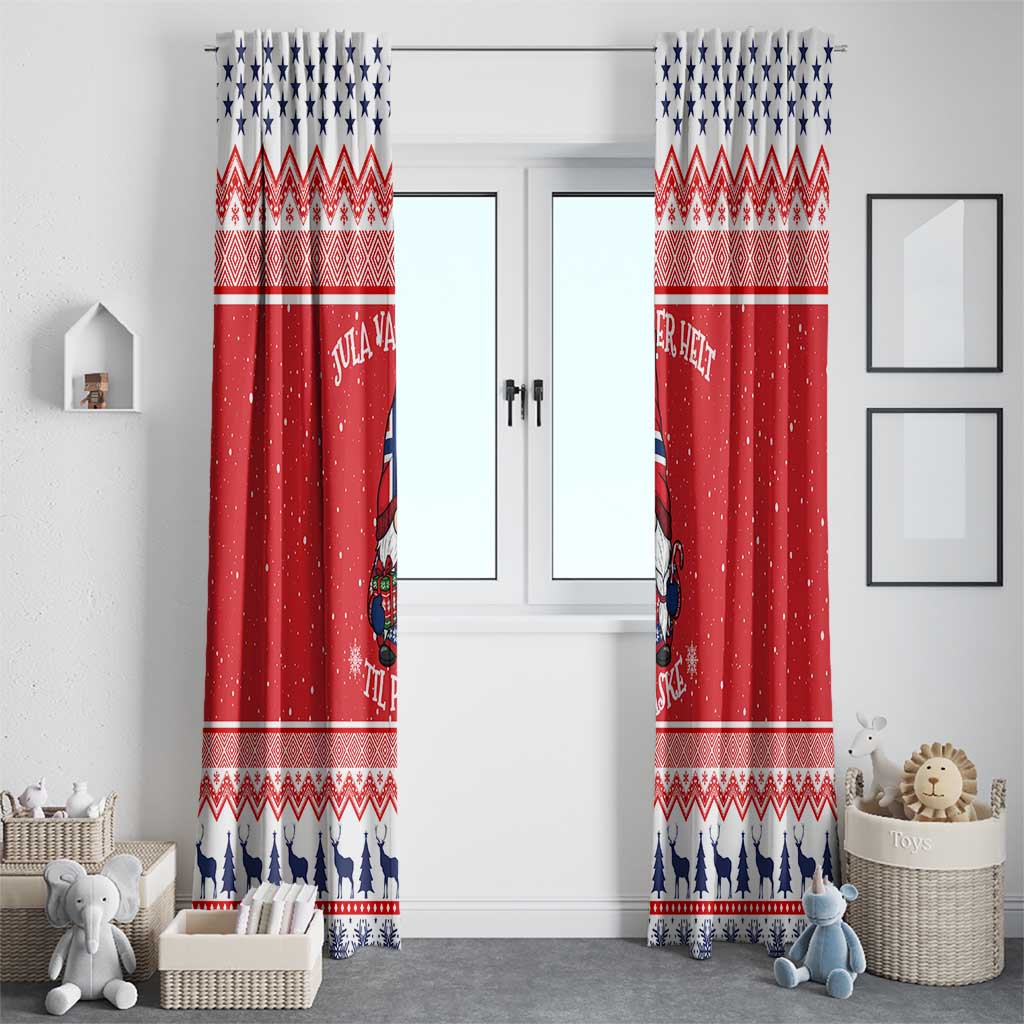 Red Nordic Christmas curtain set with gnome artwork and blue tree border, hanging over doorway