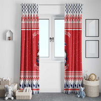 Red Nordic Christmas curtain set with gnome artwork and blue tree border, hanging over doorway