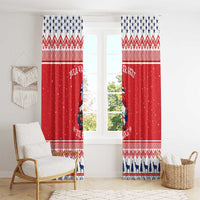Red Christmas window curtains with gnome theme and white-and-blue patterned bottom border