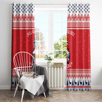 Red Christmas curtain panels with blue star header, zigzag band, and gnome figure print