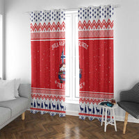 Red Christmas window curtains hanging on rod, featuring gnome graphic and blue tree silhouettes