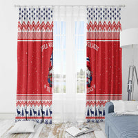 Red Nordic Christmas curtain pair with gnome illustration, star top, and blue tree patterned hem
