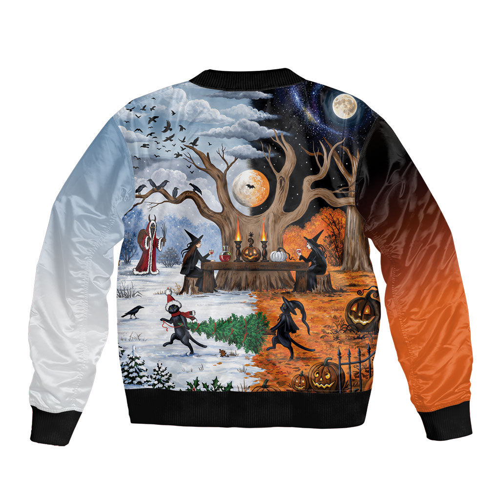 Halloween transitions into Christmas Bomber Jacket Witches And Black Cat