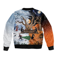 Halloween transitions into Christmas Sleeve Zip Bomber Jacket Witches And Black Cat