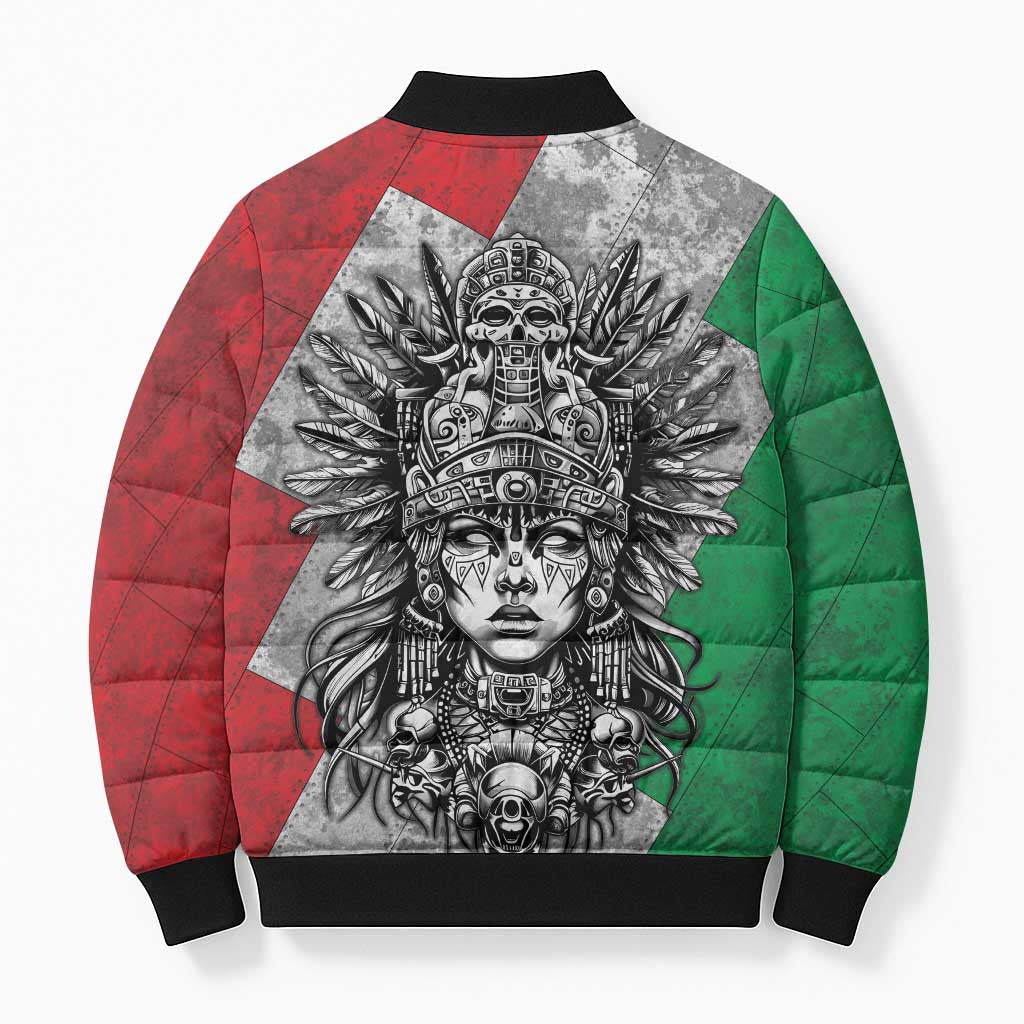 Mexico Aztec Warrior Goddess Bomber Puffer Jacket Aztec Tribal Skull Tricolor Armor