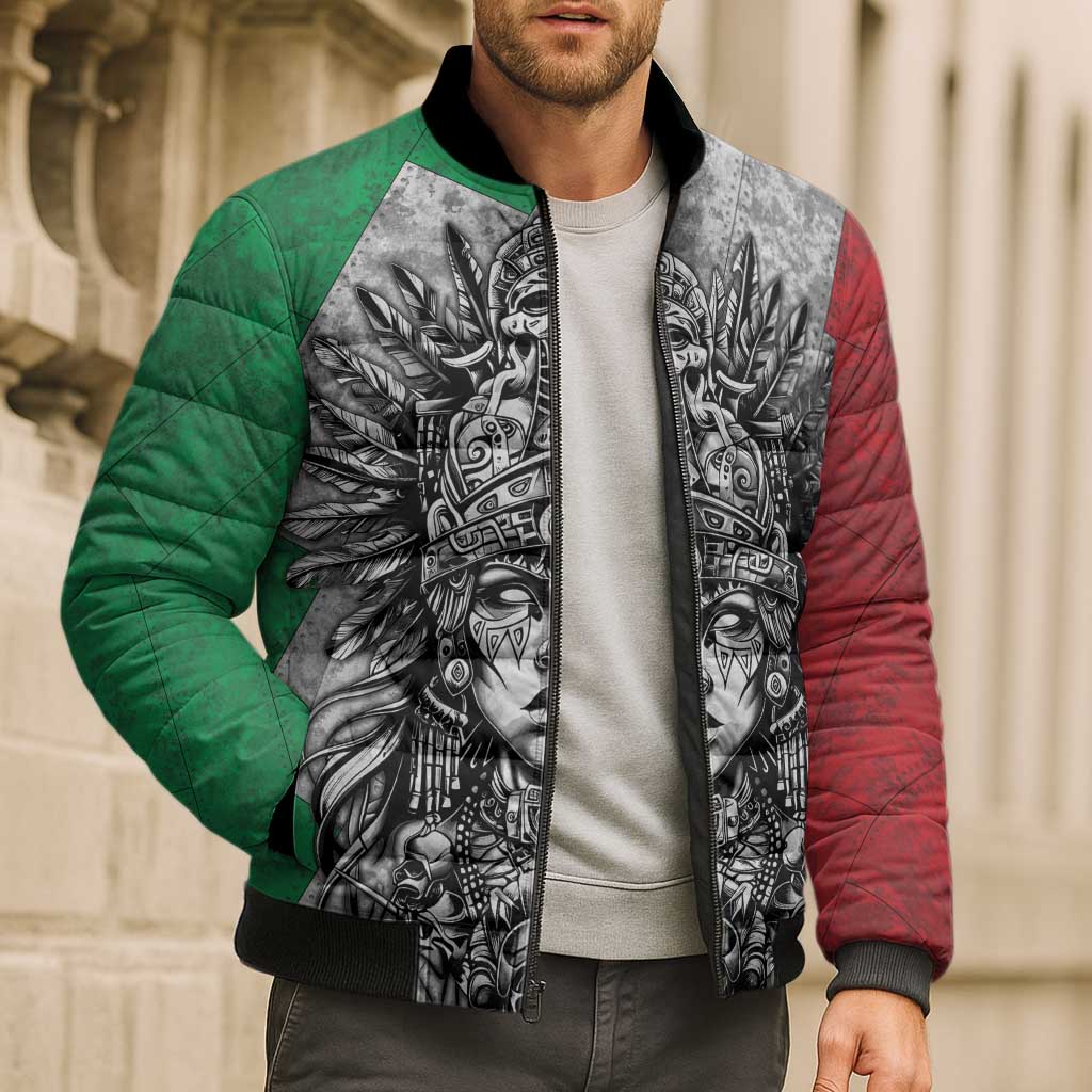 Mexico Aztec Warrior Goddess Bomber Puffer Jacket Aztec Tribal Skull Tricolor Armor